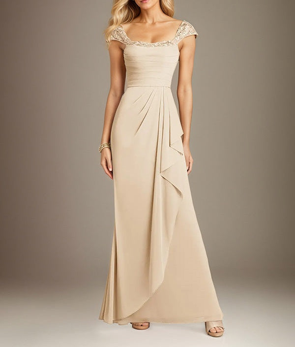 Champagne Sheath/Column Chiffon Square Neck Short Sleeves Floor Length Dress