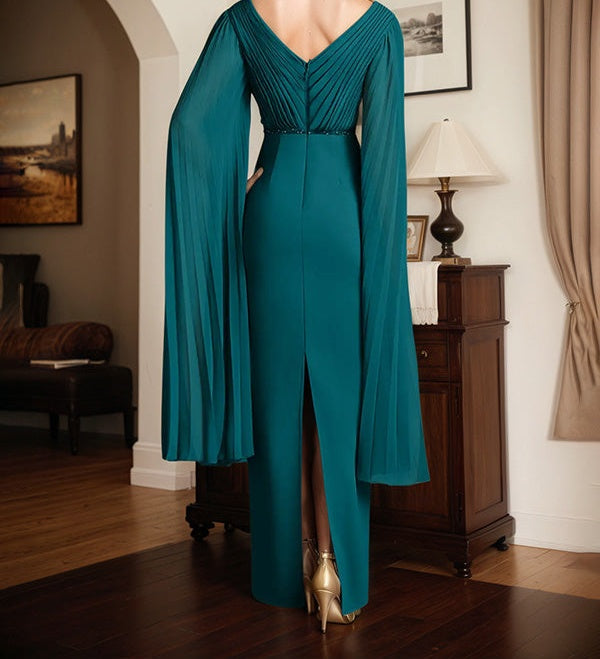 Peacock Chiffon V Neck Cape Sleeves Floor Length Dress With Pleated