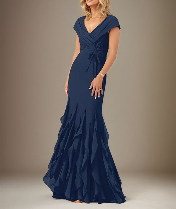 Dark Navy Chiffon V-Neck Short Sleeves Floor Length Dress