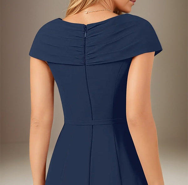 Dark Navy Chiffon V-Neck Short Sleeves Floor Length Dress