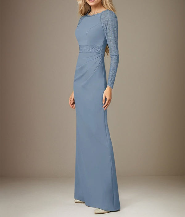 Dusty Blue Stretch Crepe Boat Neck Long Sleeves Floor Length Dress