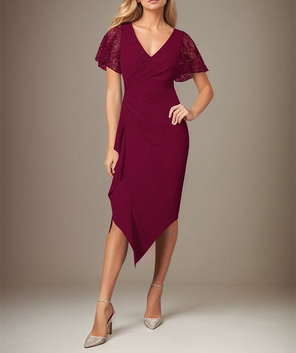 Burgundy Stretch Crepe V-Neck Short Sleeves Tea-Length Dress