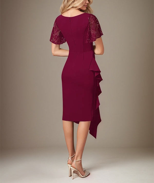 Burgundy Stretch Crepe V-Neck Short Sleeves Tea-Length Dress