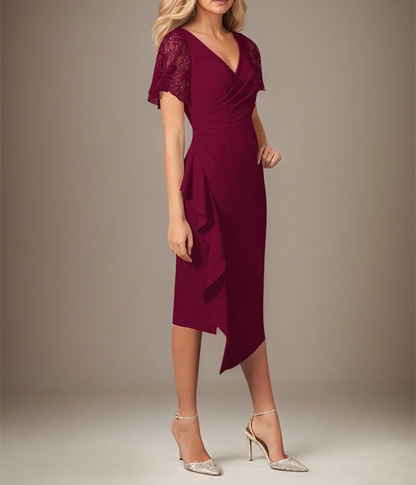 Burgundy Stretch Crepe V-Neck Short Sleeves Tea-Length Dress