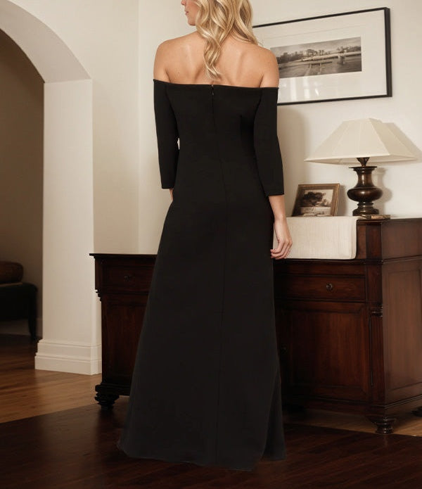 Black Chiffon Off the Shoulder 3/4 Sleeves Ankle Length Mother of the Bride Dress