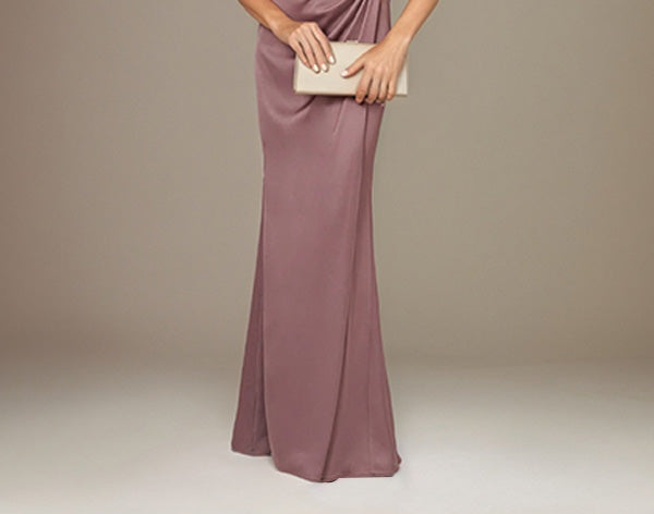 Mauve Satin One Shoulder 1/2 Sleeves Floor Length Pleated Dress With High Slit
