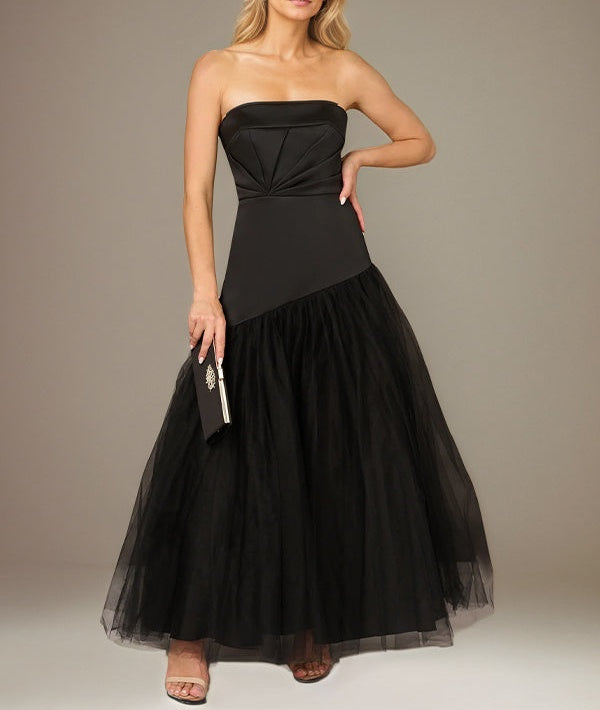 Black A Line Stretch Crepe Off the Shoulder Sleeveless Floor Length Dress With Tulle