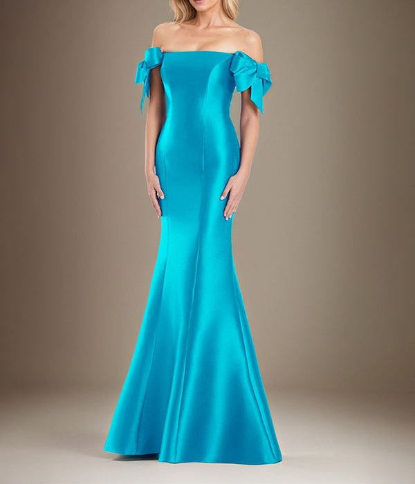 Trumpet/Mermaid Off The Shoulder Floor Length Satin Mother Of The Bride Dress With Bow Sleeves
