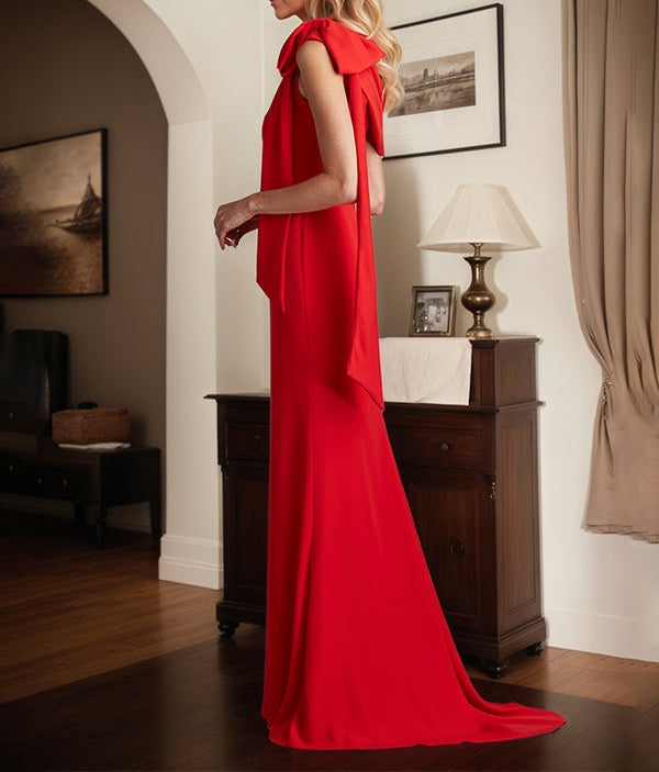 Red Sheath/Column One Shoulder Floor Length Mother of the Bride Dress With Bow