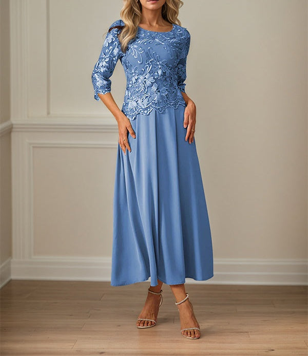 Crew Neck A Line Ruffle Ruched Lace Maxi Dress Mother Of The Bride Dress