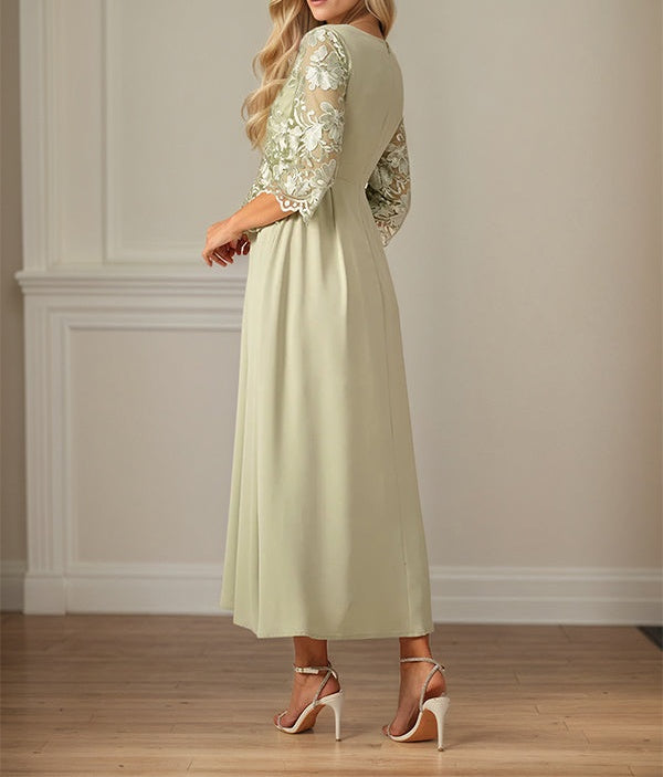 Crew Neck A Line Ruffle Ruched Lace Maxi Dress Mother Of The Bride Dress