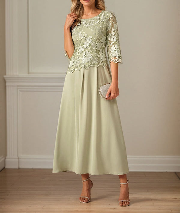 Crew Neck A Line Ruffle Ruched Lace Maxi Dress Mother Of The Bride Dress