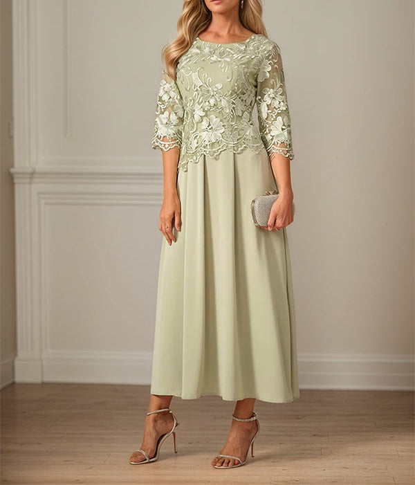 Crew Neck A Line Ruffle Ruched Lace Maxi Dress Mother Of The Bride Dress