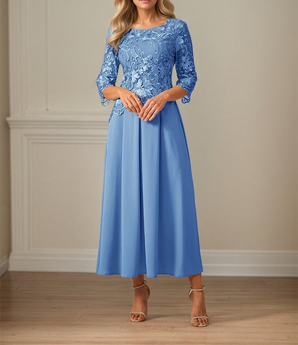 Crew Neck A Line Ruffle Ruched Lace Maxi Dress Mother Of The Bride Dress