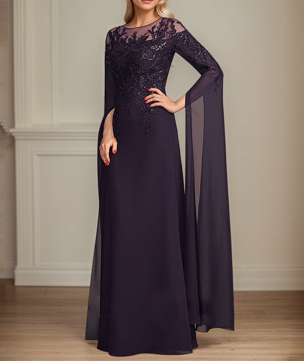 Sheath/Column Scoop 1/2 Sleeve Floor-Length Lace Chiffon Mother of the Bride Dress With Sequins