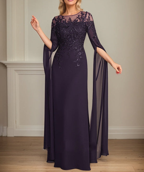 Sheath/Column Scoop 1/2 Sleeve Floor-Length Lace Chiffon Mother of the Bride Dress With Sequins