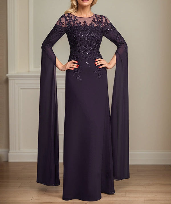 Sheath/Column Scoop 1/2 Sleeve Floor-Length Lace Chiffon Mother of the Bride Dress With Sequins