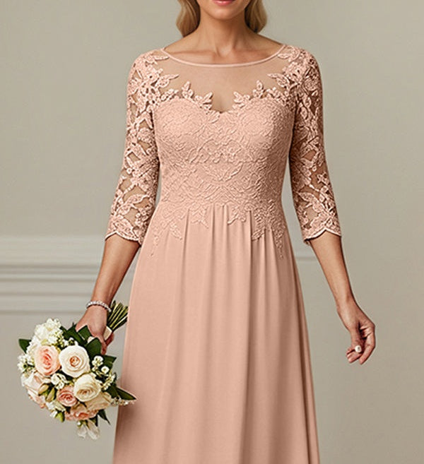 A-Line Illusion Neck 1/2 Sleeves Chiffon Mother Of The Bride Dresses With Appliques Lace