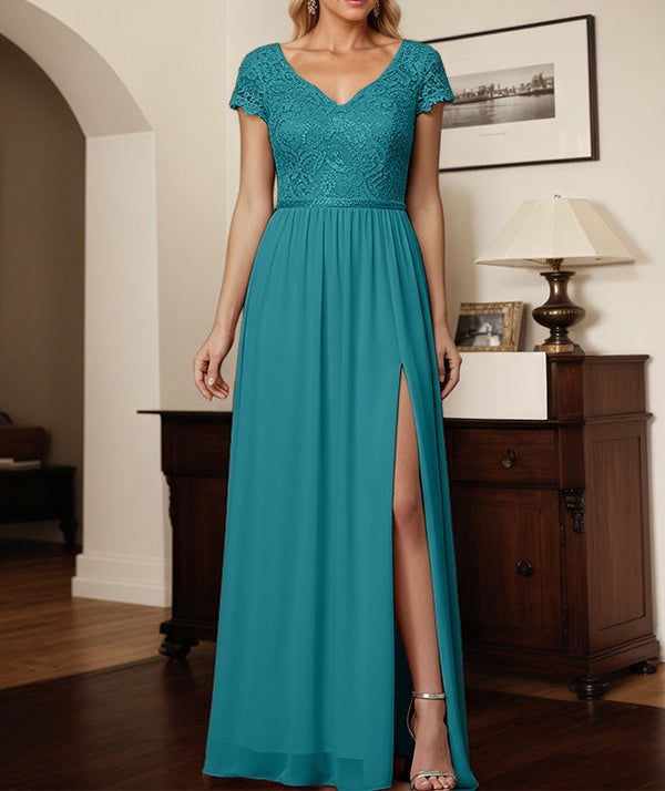 Jade A-Line V-Neck Chiffon Appliques Mother Of The Bride Dress With Slit