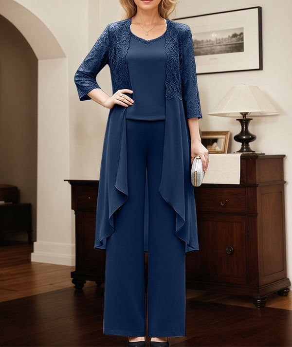 Navy Blue Separates Jumpsuit/Pantsuit Scoop Floor-Length Chiffon Mother of the Bride Dress