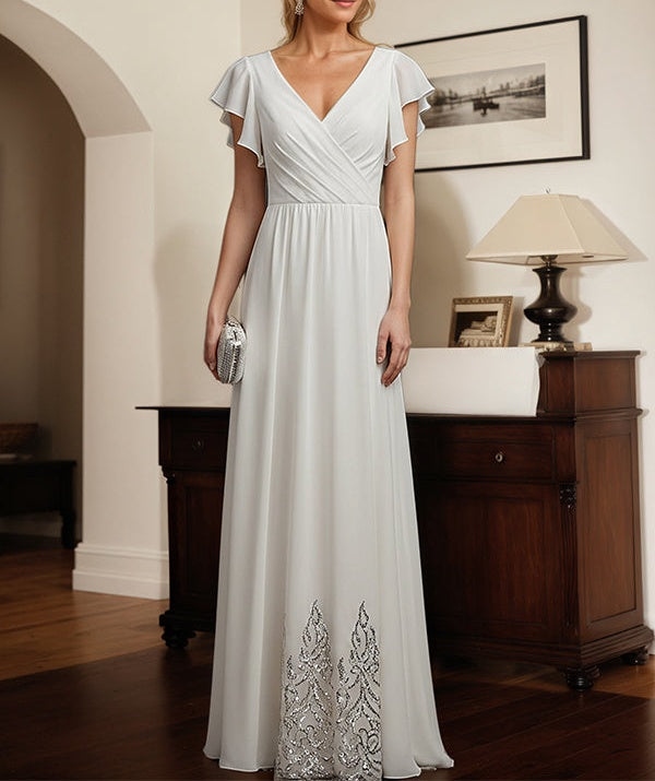 White A-line V-Neck Floor-Length Chiffon Mother of the Bride Dress With Pleated