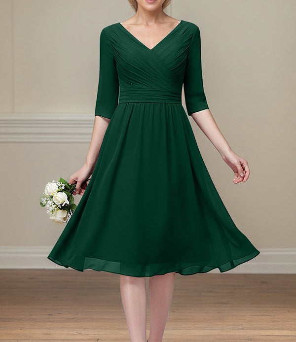 Dark Green A-line V-Neck Tea-Length Chiffon Mother of the Bride Dress With Pleated
