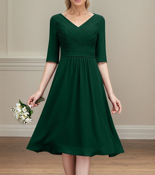 Dark Green A-line V-Neck Tea-Length Chiffon Mother of the Bride Dress With Pleated