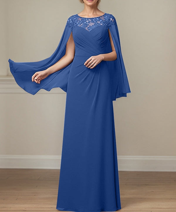 Royal Blue A-line Scoop Illusion Floor-Length Lace Chiffon Mother of the Bride Dress With Pleated