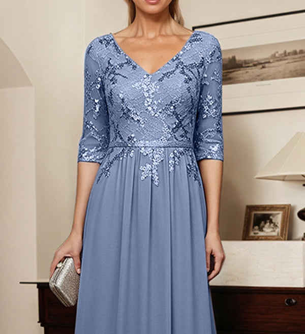 Sparkly Slate Blue A Line V-Neck Chiffon Mother Of The Bride Dress With Appliques