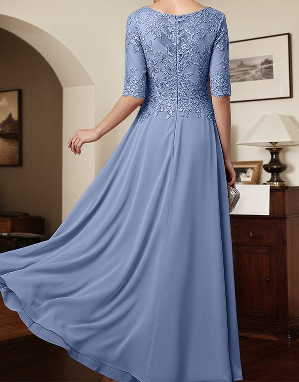 Slate Blue A Line V-Neck Chiffon Mother Of The Bride Dress With Appliques