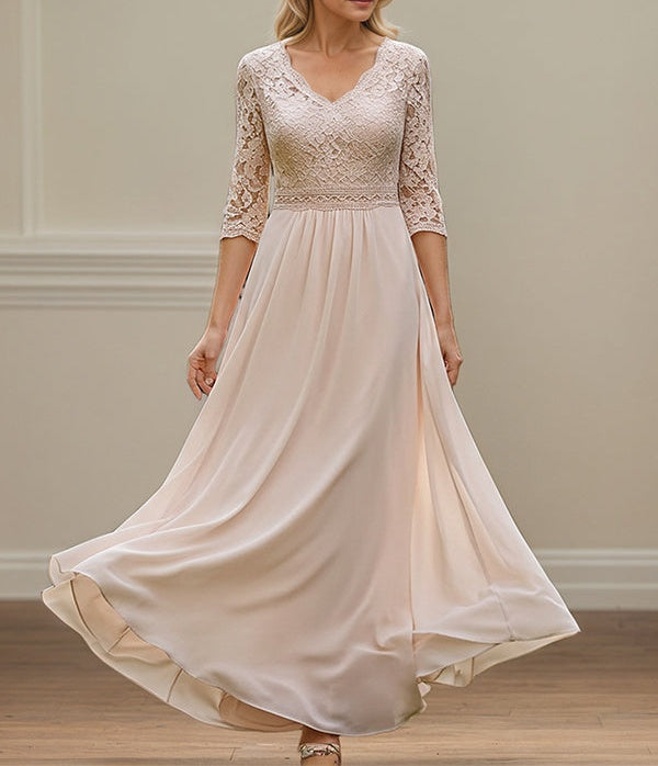Dusty Blue A Line V-Neck Lace Chiffon Mother Of The Bride Dress With Appliques