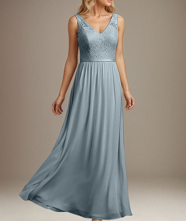 Dusty Blue A-line V Neck Floor-Length Lace Chiffon Mother of the Bride Dress Dusty Blue