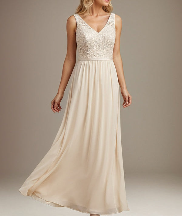 Dusty Blue A-line V Neck Floor-Length Lace Chiffon Mother of the Bride Dress