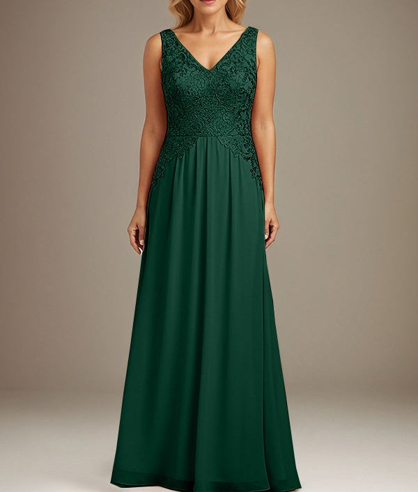 Burgundy A-line V Neck Floor-Length Lace Chiffon Mother of the Bride Dresses
