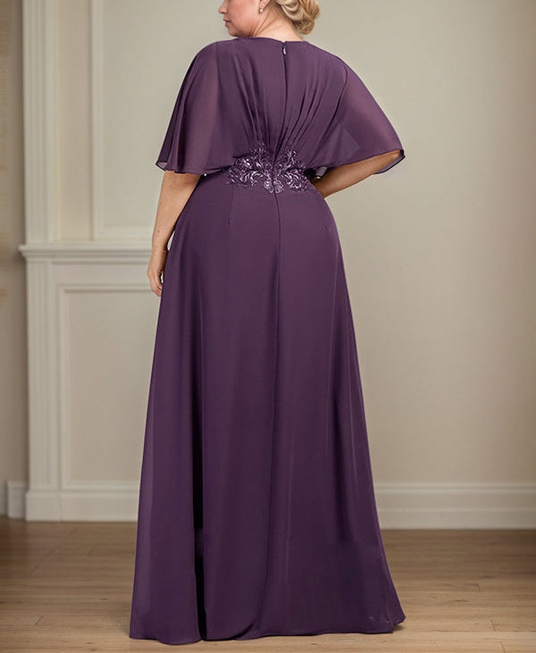 A-Line V-Neck Floor-Length Chiffon Mother of the Bride Dress With Appliques Pleated