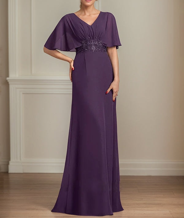 A-Line V-Neck Floor-Length Chiffon Mother of the Bride Dress With Appliques Pleated