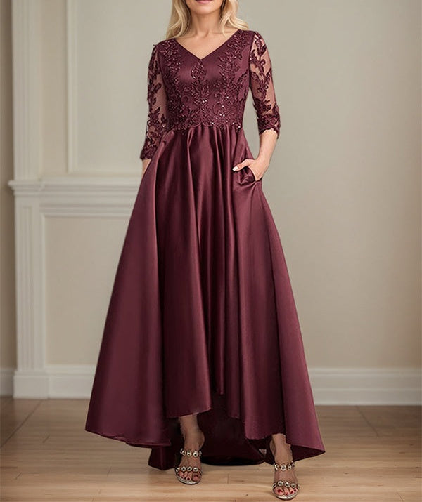 A-line V-Neck Asymmetrical Satin Lace Mother of the Bride Dress With Sequins