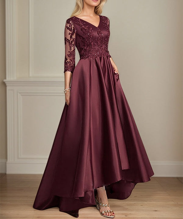 A-line V-Neck Asymmetrical Satin Lace Mother of the Bride Dress With Sequins