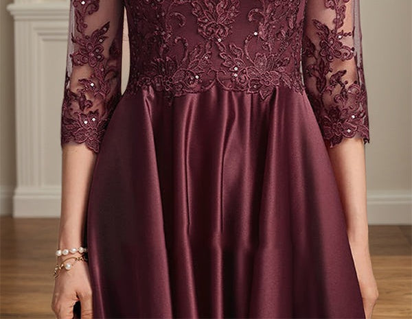 A-line V-Neck Asymmetrical Satin Lace Mother of the Bride Dress With Sequins