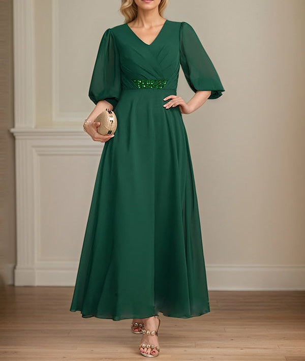 A-line V-Neck Ankle-Length Chiffon Mother of the Bride Dress With Pleated Sequins Beading