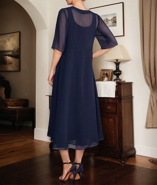 A-line Square Tea-Length Chiffon Mother of the Bride Dress