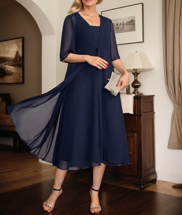 A-line Square Tea-Length Chiffon Mother of the Bride Dress