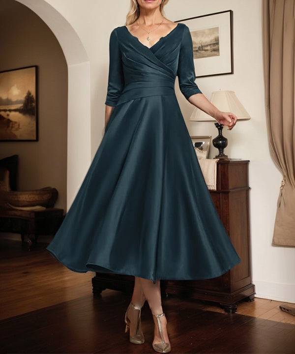 Dark Navy A-line V-Neck Tea-Length Matte Satin Mother of the Bride Dress With Pleated