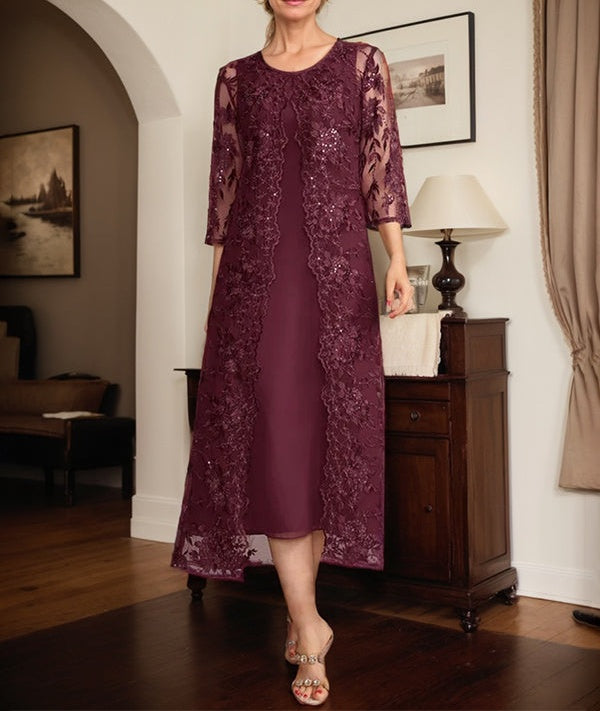 Cabernet A Line Scoop Tea-Length Lace Chiffon Mother of the Bride Dress