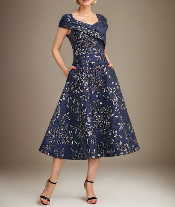 A-Line V-Neck Tea-Length Jacquard Floral Mother of the Bride Dress