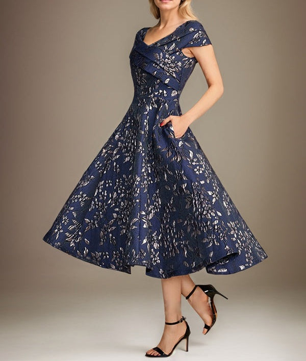A-Line V-Neck Tea-Length Jacquard Floral Mother of the Bride Dress