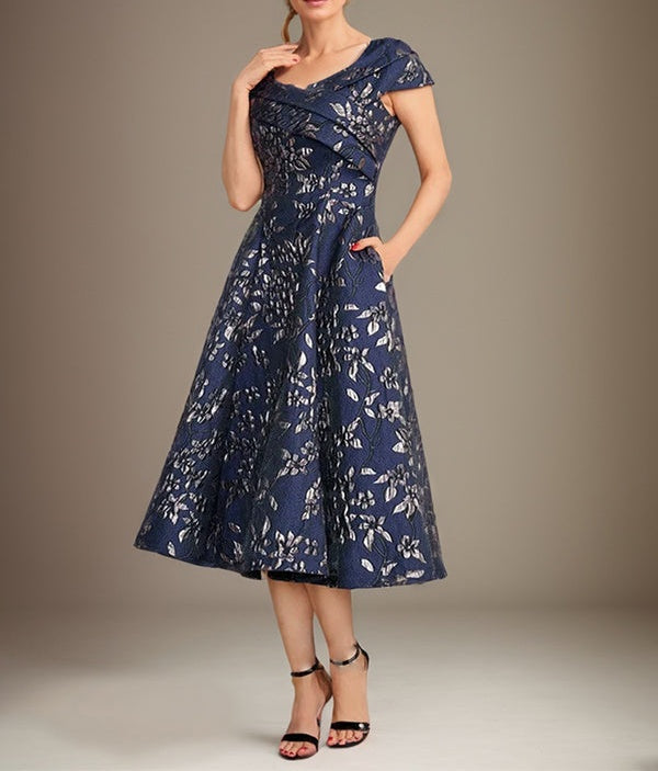 A-Line V-Neck Tea-Length Jacquard Floral Mother of the Bride Dress