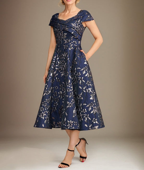 A-Line V-Neck Tea-Length Jacquard Floral Mother of the Bride Dress
