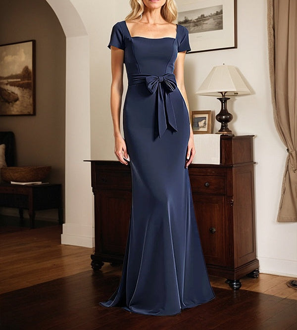 Navy Square Neck Long Mother of the Bride Dress with Bowknot