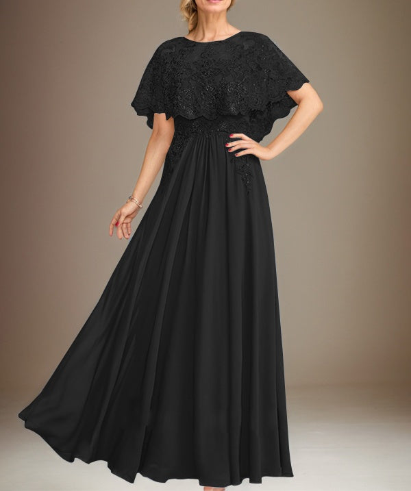 A-line Boat Neck Floor-Length Lace Chiffon Mother of the Bride Dress With Applique Sequins